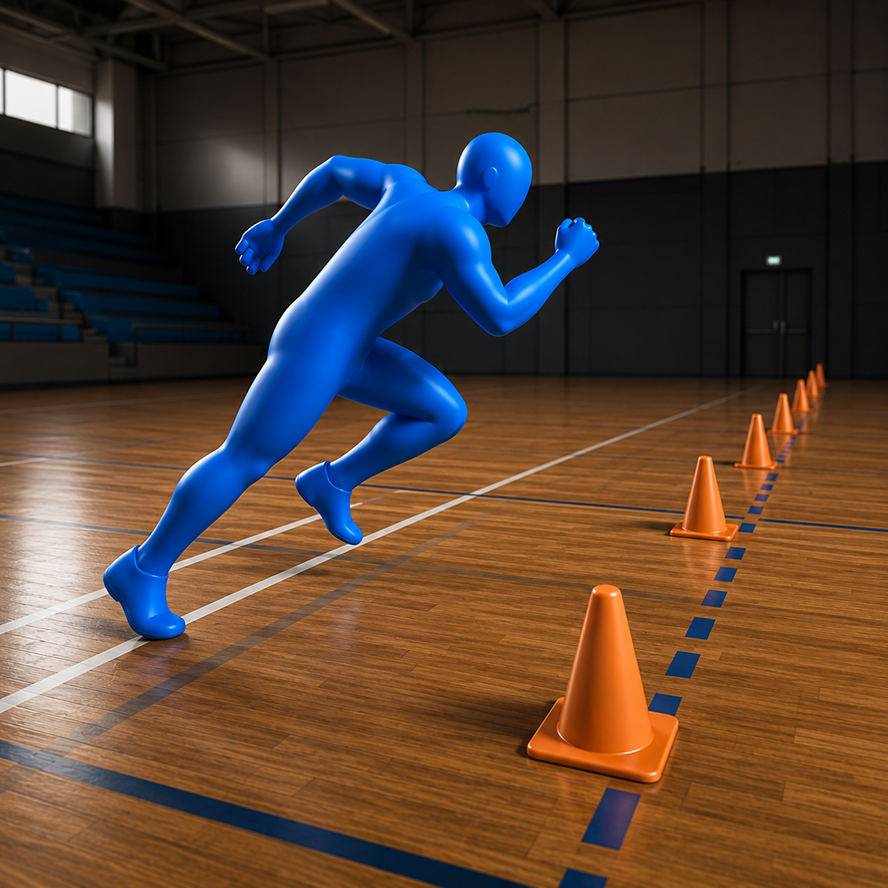 Runner moving between shuttle test cones in an indoor fitness testing lane